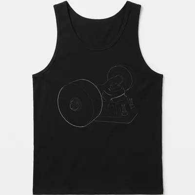 Minimalist line-art skateboard wheels and trucks design in black and white — printed on a tank top
