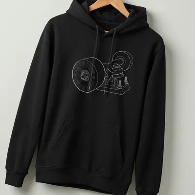 Minimalist line-art skateboard wheels and trucks design in black and white — printed on a unisex hoodie