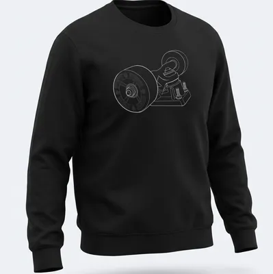 Minimalist line-art skateboard wheels and trucks design in black and white — printed on a unisex sweatshirt