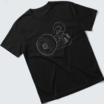 Minimalist line-art skateboard wheels and trucks design in black and white