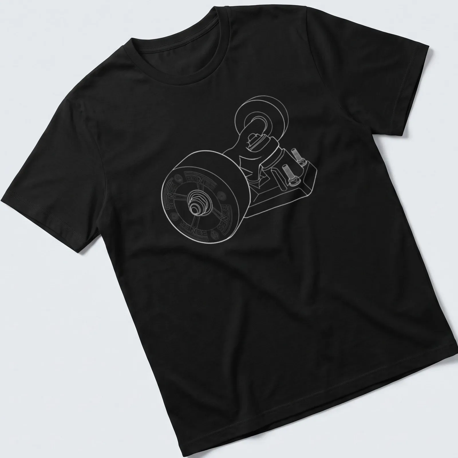 Minimalist line-art skateboard wheels and trucks design in black and white — printed on a unisex t-shirt