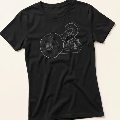 Minimalist line-art skateboard wheels and trucks design in black and white — printed on a women's shirt