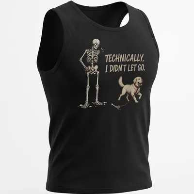 Illustration of a skeleton holding a golden retriever with humorous text. — printed on a tank top