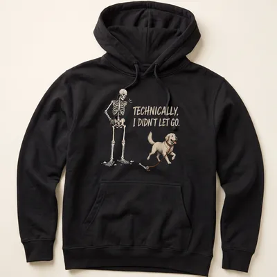 Illustration of a skeleton holding a golden retriever with humorous text. — printed on a unisex hoodie