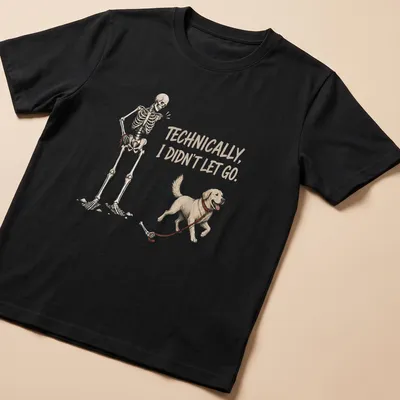 Illustration of a skeleton holding a golden retriever with humorous text.