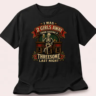 Vintage bar illustration with skeleton and humorous text about a threesome