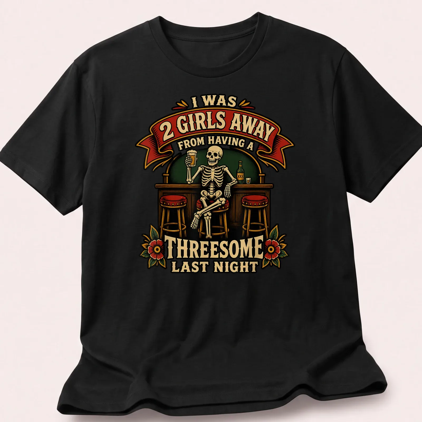 Vintage bar illustration with skeleton and humorous text about a threesome — printed on a unisex t-shirt