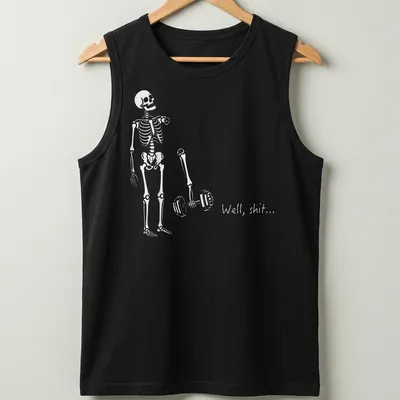 Funny skeleton lifting weights with the phrase 'Well, shit...' in bold print — printed on a tank top