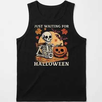 Funny cartoon skeleton holding a pumpkin and coffee, waiting for Halloween — printed on a tank top