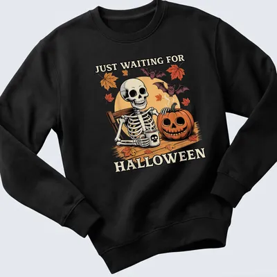 Funny cartoon skeleton holding a pumpkin and coffee, waiting for Halloween — printed on a unisex sweatshirt