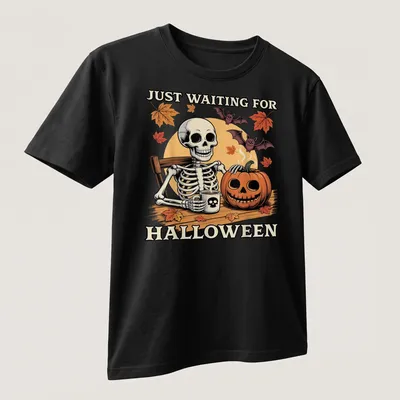 Funny cartoon skeleton holding a pumpkin and coffee, waiting for Halloween — printed on a unisex t-shirt (angled view)