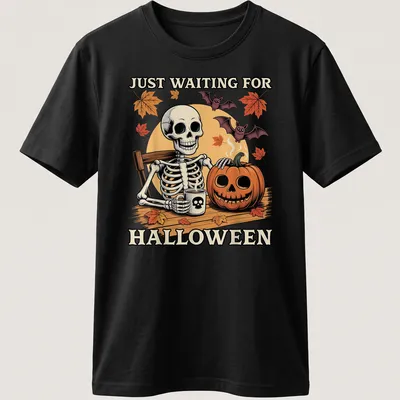 Funny cartoon skeleton holding a pumpkin and coffee, waiting for Halloween