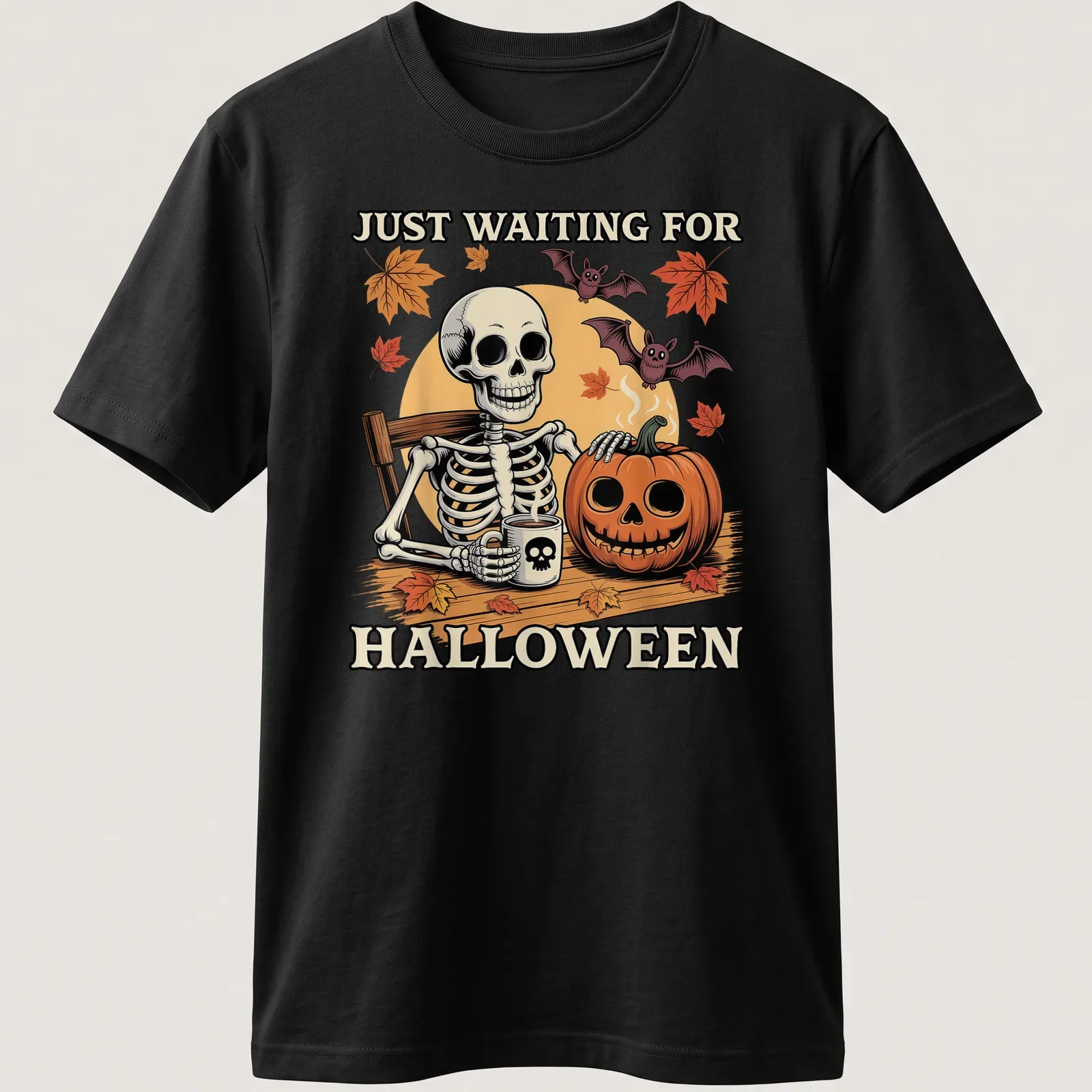Funny cartoon skeleton holding a pumpkin and coffee, waiting for Halloween — printed on a unisex t-shirt