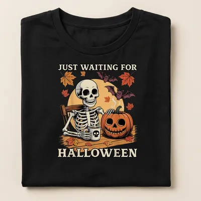 Funny cartoon skeleton holding a pumpkin and coffee, waiting for Halloween — printed on a women's shirt