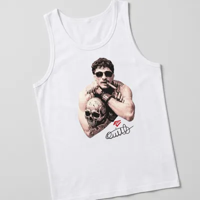 Vintage illustration of a tough guy with a skull and Quillan Salkilld text — printed on a tank top