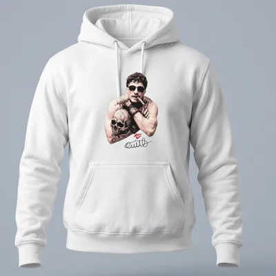 Vintage illustration of a tough guy with a skull and Quillan Salkilld text — printed on a unisex hoodie