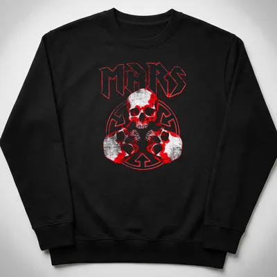 Bold graphic t-shirt featuring a skull and the word MARS in red, black, and white — printed on a unisex sweatshirt