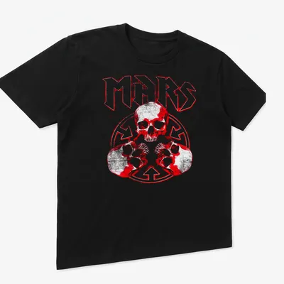Bold graphic t-shirt featuring a skull and the word MARS in red, black, and white — printed on a unisex t-shirt (angled view)