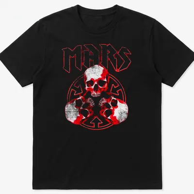 Bold graphic t-shirt featuring a skull and the word MARS in red, black, and white