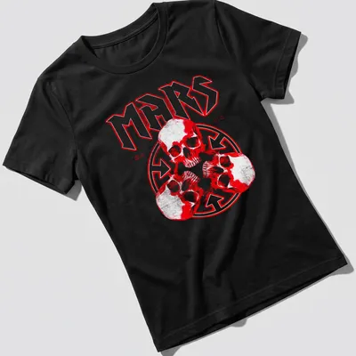 Bold graphic t-shirt featuring a skull and the word MARS in red, black, and white — printed on a women's shirt