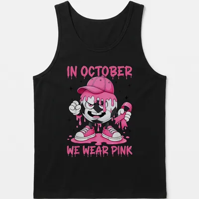 Kawaii soccer ball character design with the text 'In October We Wear Pink' — printed on a tank top