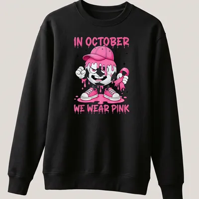 Kawaii soccer ball character design with the text 'In October We Wear Pink' — printed on a unisex sweatshirt