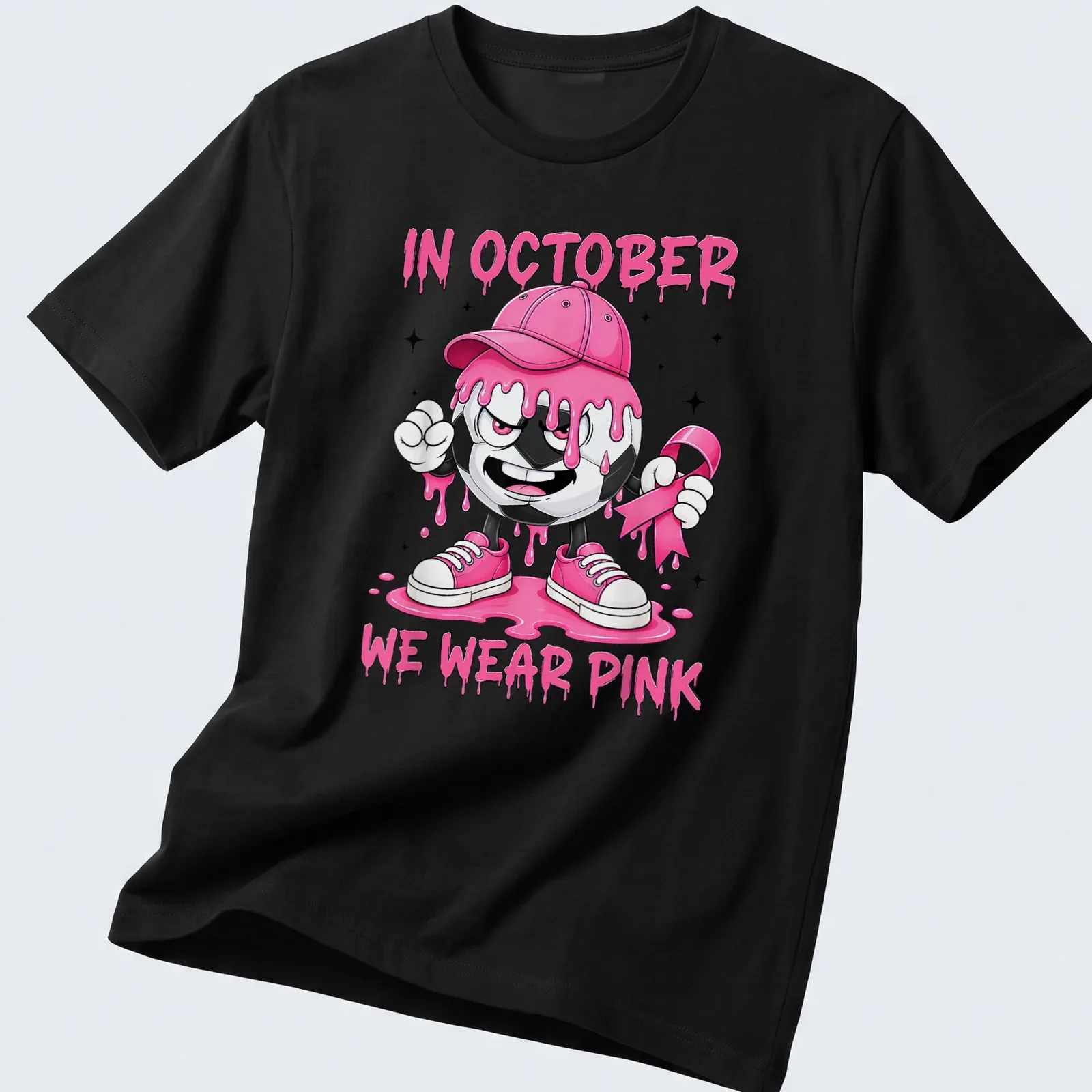 Kawaii soccer ball character design with the text 'In October We Wear Pink' — printed on a unisex t-shirt