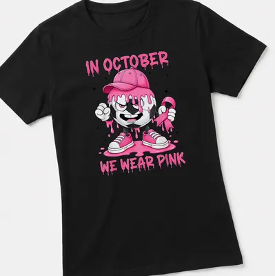 Kawaii soccer ball character design with the text 'In October We Wear Pink' — printed on a women's shirt