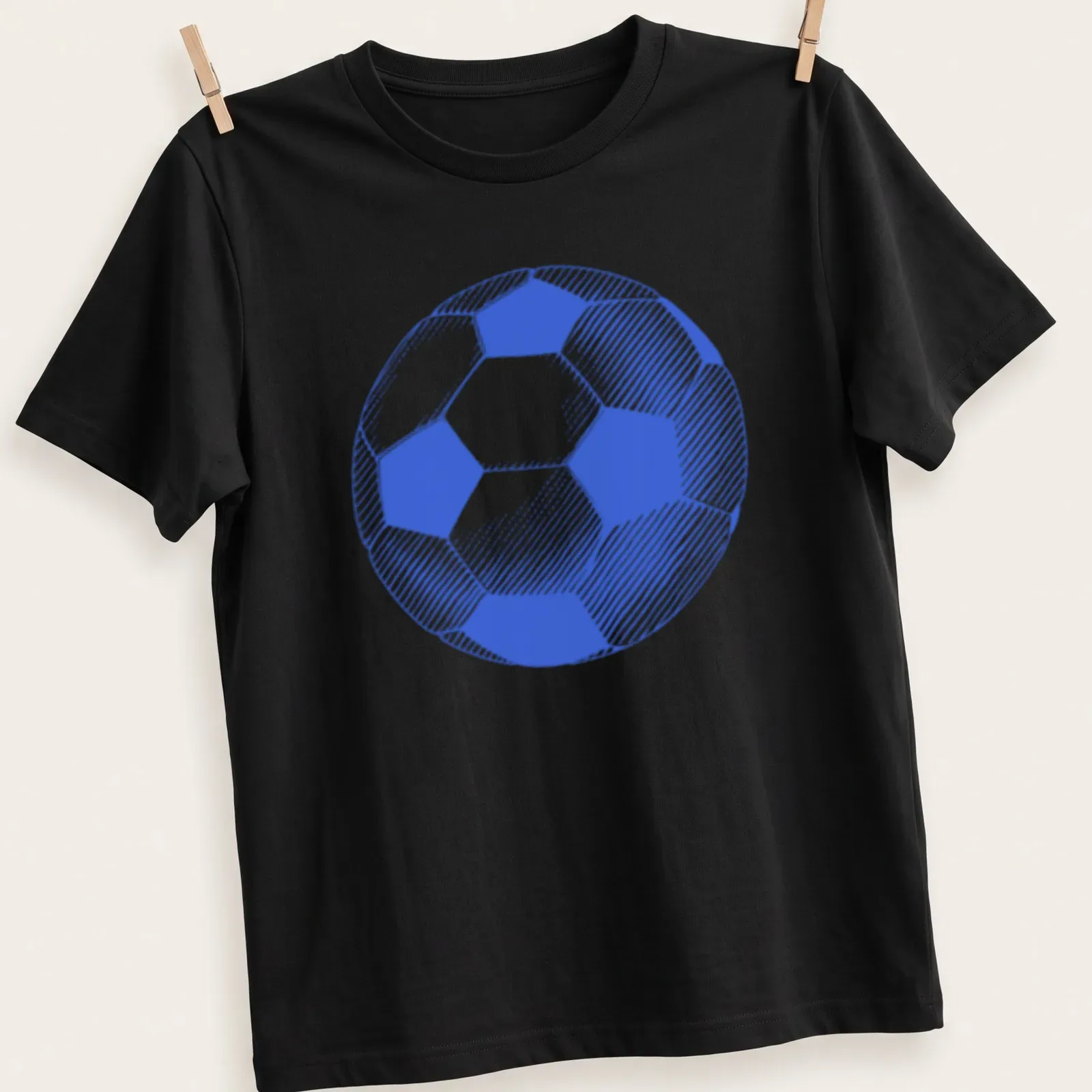 Vintage sketch of a soccer ball in royal blue and white — printed on a unisex t-shirt