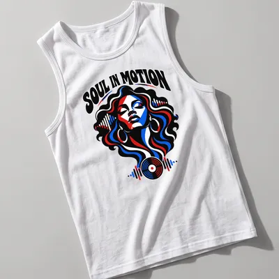 Bold graphic t-shirt featuring a female figure surrounded by musical elements — printed on a tank top