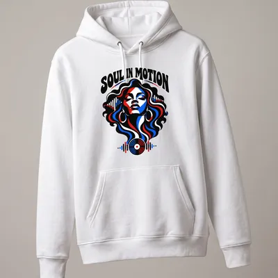 Bold graphic t-shirt featuring a female figure surrounded by musical elements — printed on a unisex hoodie