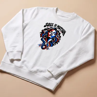 Bold graphic t-shirt featuring a female figure surrounded by musical elements — printed on a unisex sweatshirt