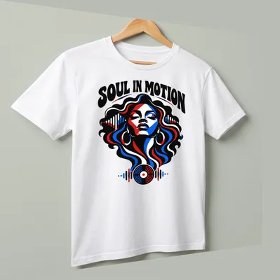Bold graphic t-shirt featuring a female figure surrounded by musical elements — printed on a unisex t-shirt (angled view)