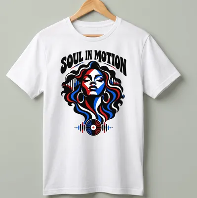 Bold graphic t-shirt featuring a female figure surrounded by musical elements