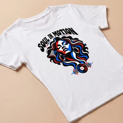 Bold graphic t-shirt featuring a female figure surrounded by musical elements — printed on a women's shirt