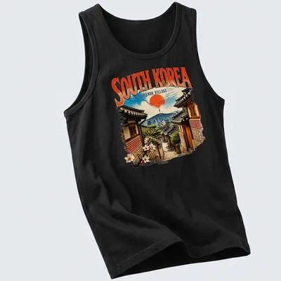 Vintage print of South Korea's Hanok Village with traditional houses and scenery — printed on a tank top
