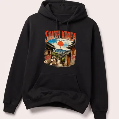 Vintage print of South Korea's Hanok Village with traditional houses and scenery — printed on a unisex hoodie