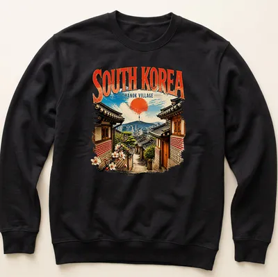 Vintage print of South Korea's Hanok Village with traditional houses and scenery — printed on a unisex sweatshirt