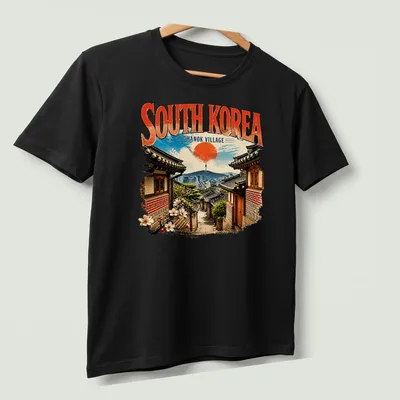 Vintage print of South Korea's Hanok Village with traditional houses and scenery — printed on a unisex t-shirt (angled view)