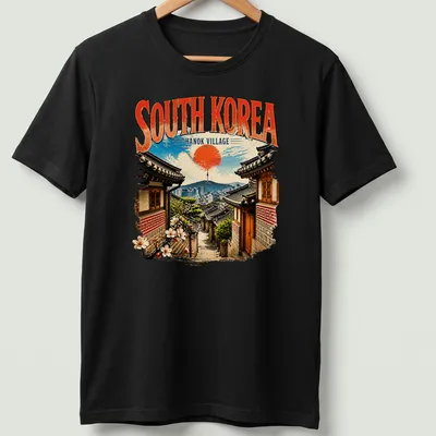 Vintage print of South Korea's Hanok Village with traditional houses and scenery