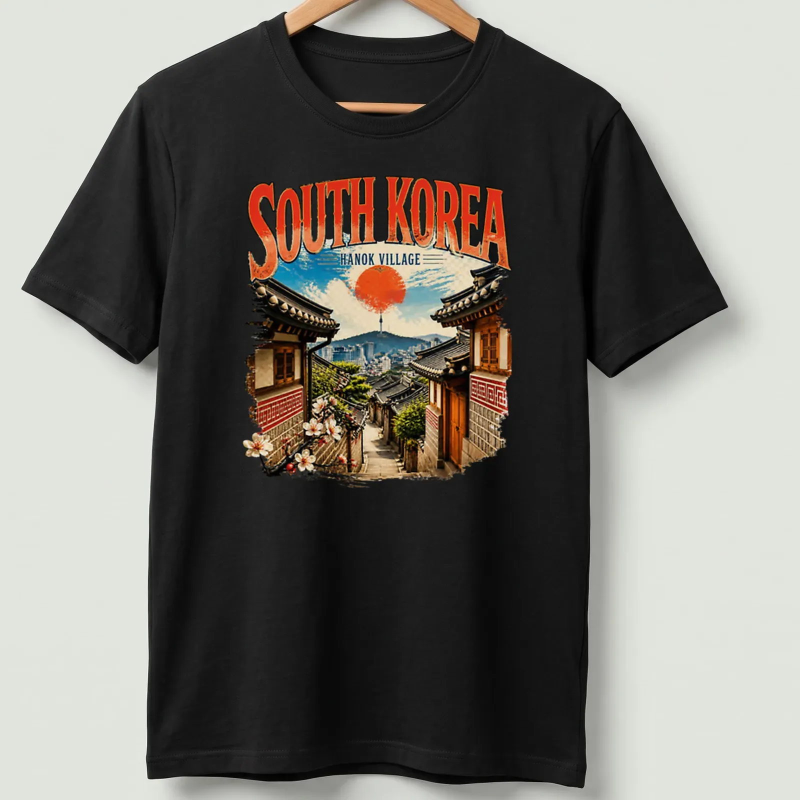 Vintage print of South Korea's Hanok Village with traditional houses and scenery — printed on a unisex t-shirt