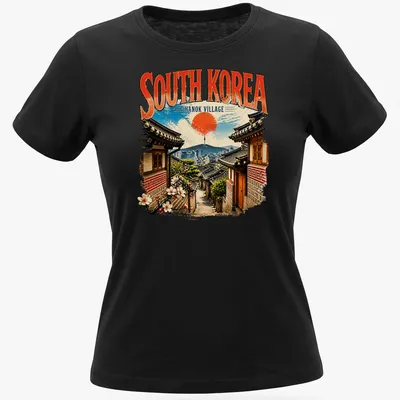 Vintage print of South Korea's Hanok Village with traditional houses and scenery — printed on a women's shirt