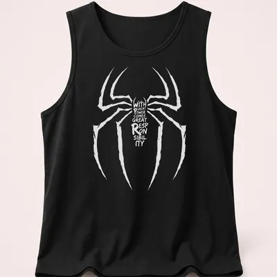Minimalist Spider design with text about power and responsibility — printed on a tank top