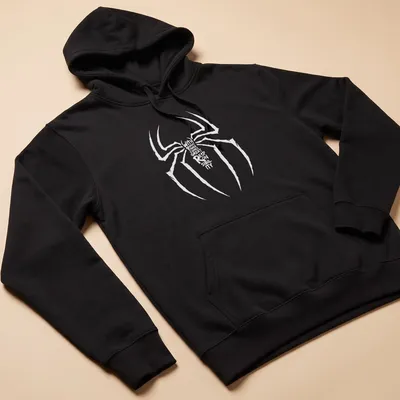 Minimalist Spider design with text about power and responsibility — printed on a unisex hoodie