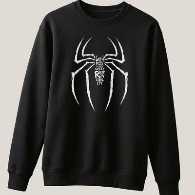 Minimalist Spider design with text about power and responsibility — printed on a unisex sweatshirt