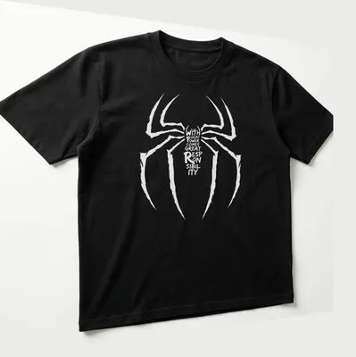 Minimalist Spider design with text about power and responsibility — printed on a unisex t-shirt (angled view)