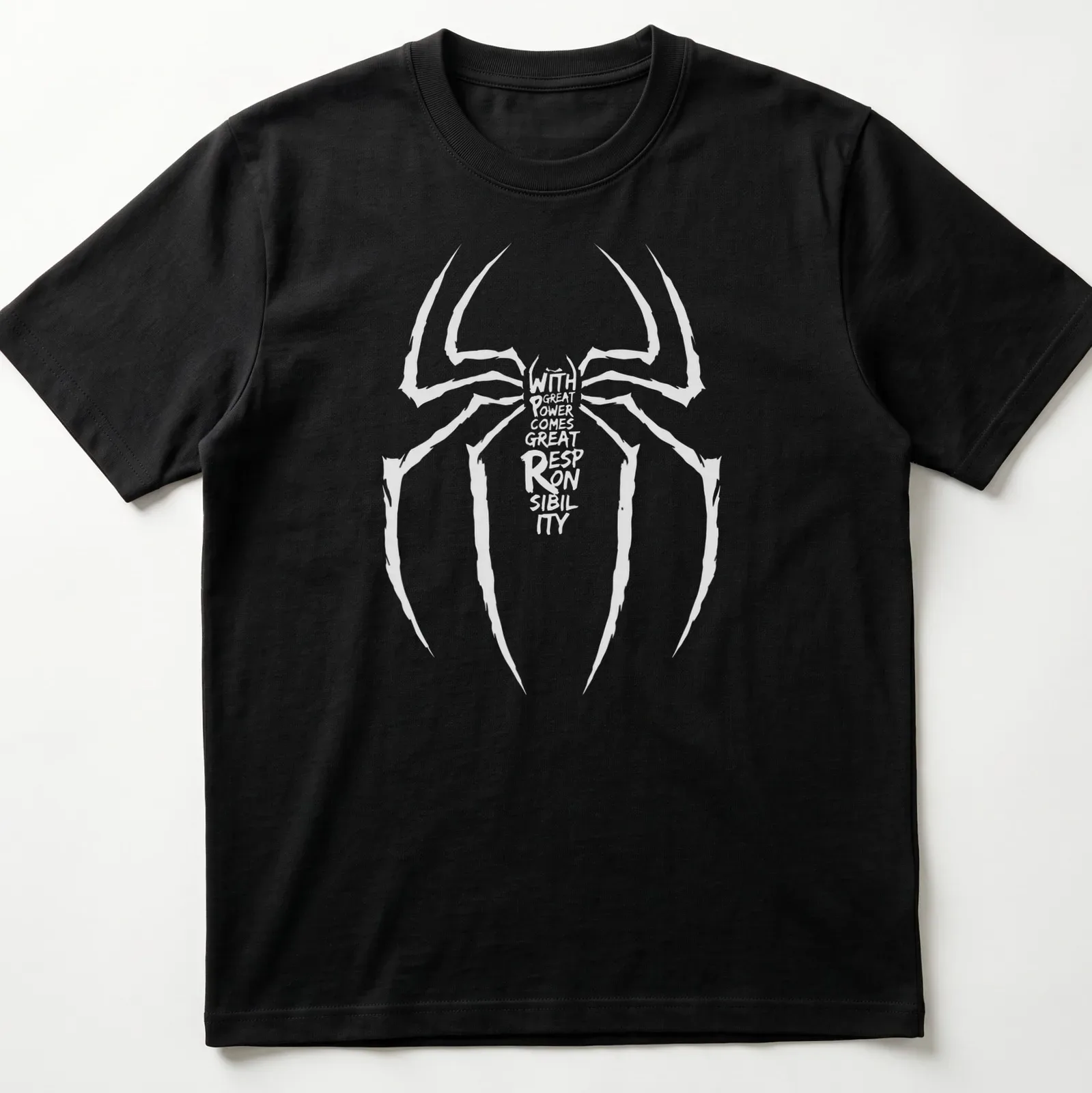 Minimalist Spider design with text about power and responsibility — printed on a unisex t-shirt