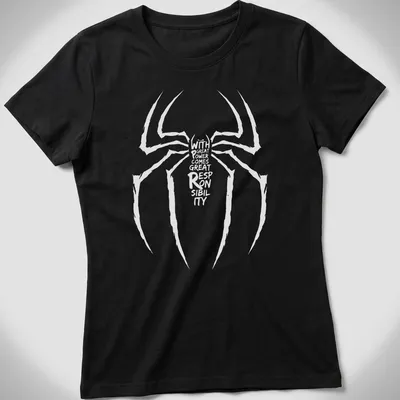 Minimalist Spider design with text about power and responsibility — printed on a women's shirt