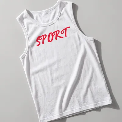 Bold red t-shirt with 'SPORT SPORT SPORT' in a dynamic script font — printed on a tank top