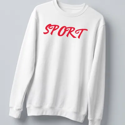 Bold red t-shirt with 'SPORT SPORT SPORT' in a dynamic script font — printed on a unisex sweatshirt